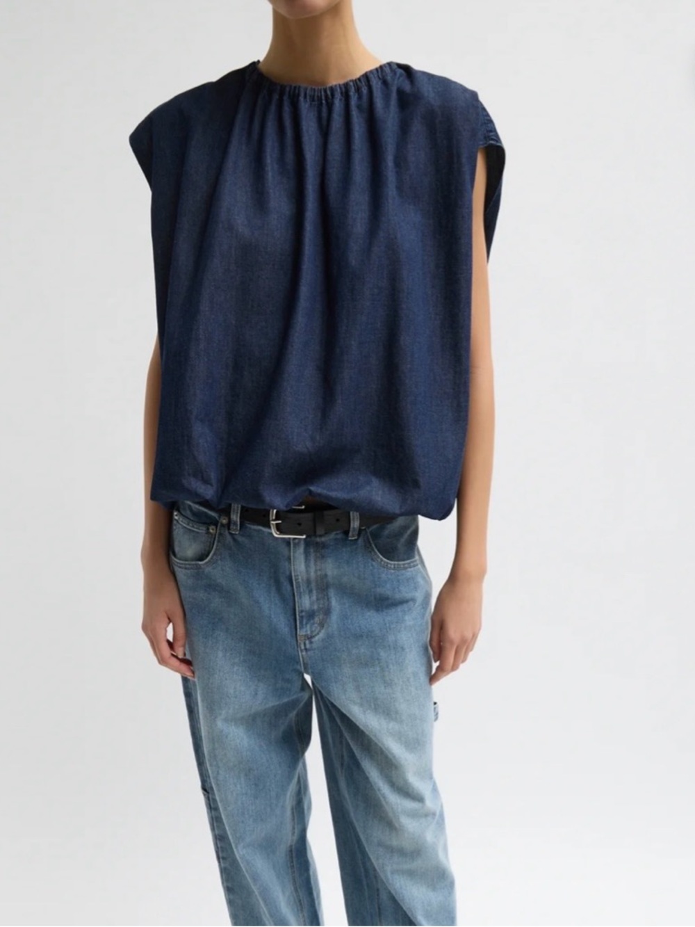 Tibi summer denim indigo shirted neck circular top
